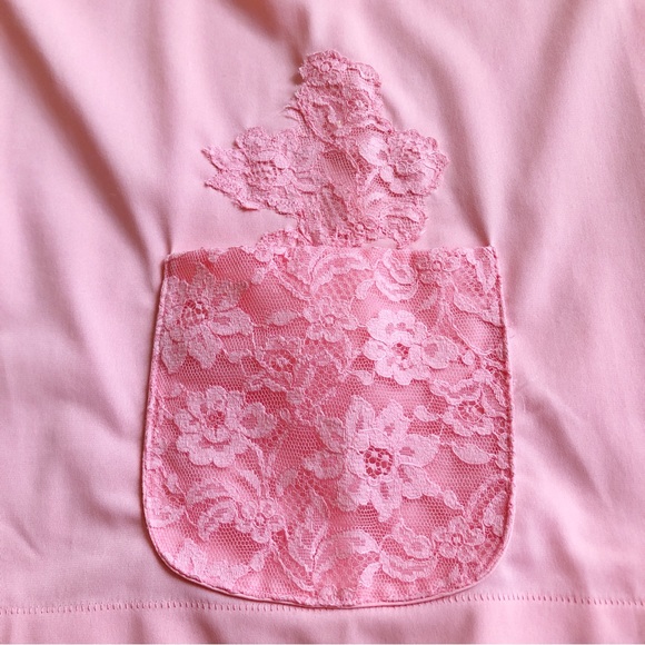 Vintage 60s Pink Nylon Lace Applique PJ Top + Pockets - Picture 2 of 7